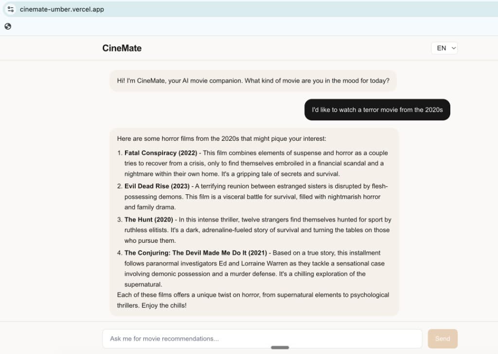 CineMate product screenshot, AI chat recommending horror films from the 2020s