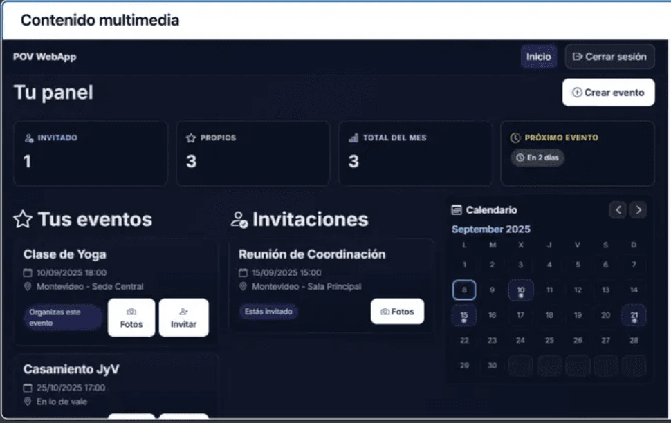 POV WebApp product screenshot, full dashboard with stats, events, invitations, and calendar